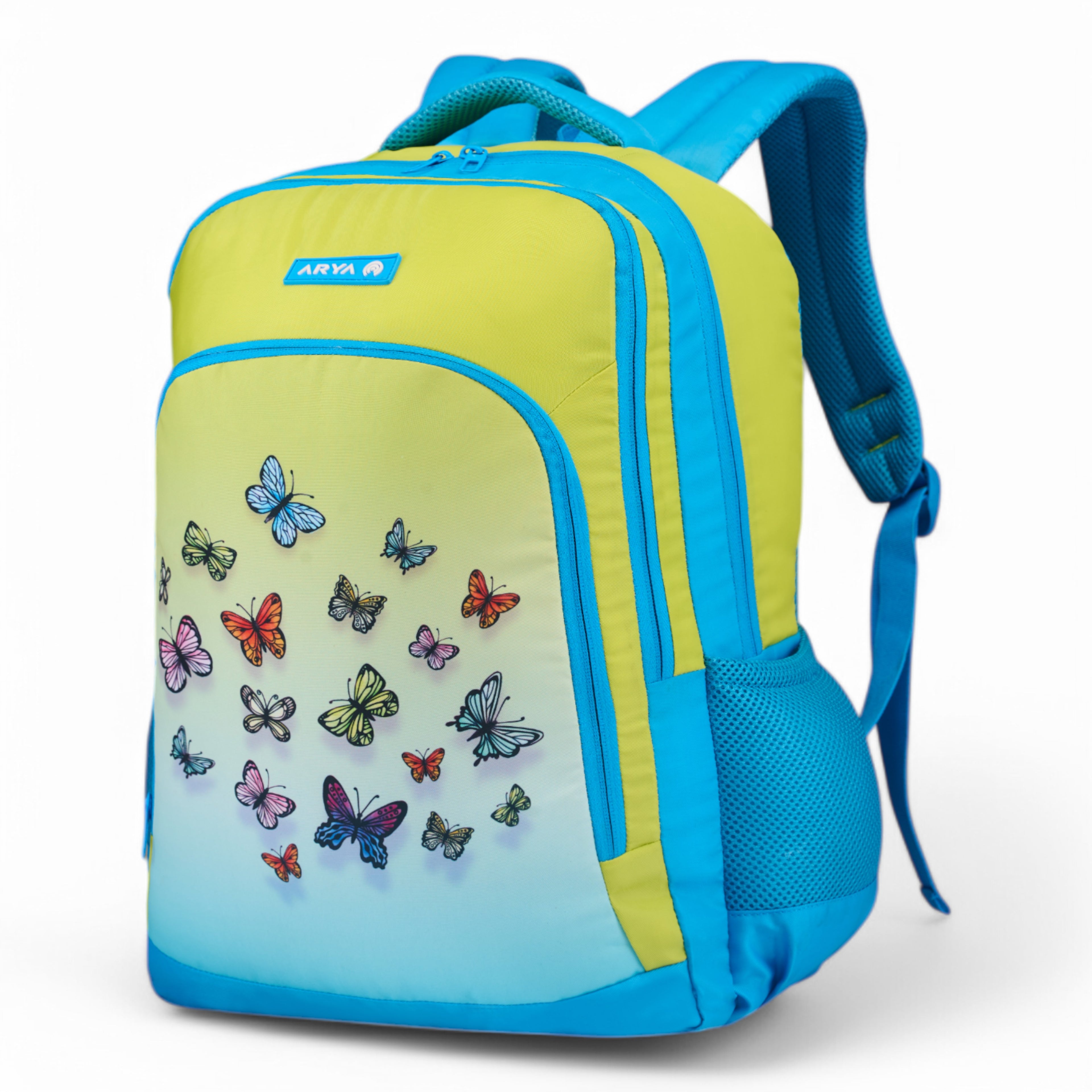 SCHOOL BAG BUTTER FLY 16" (21 LTR) TURQUOISE BLUE & PARROT GREEN