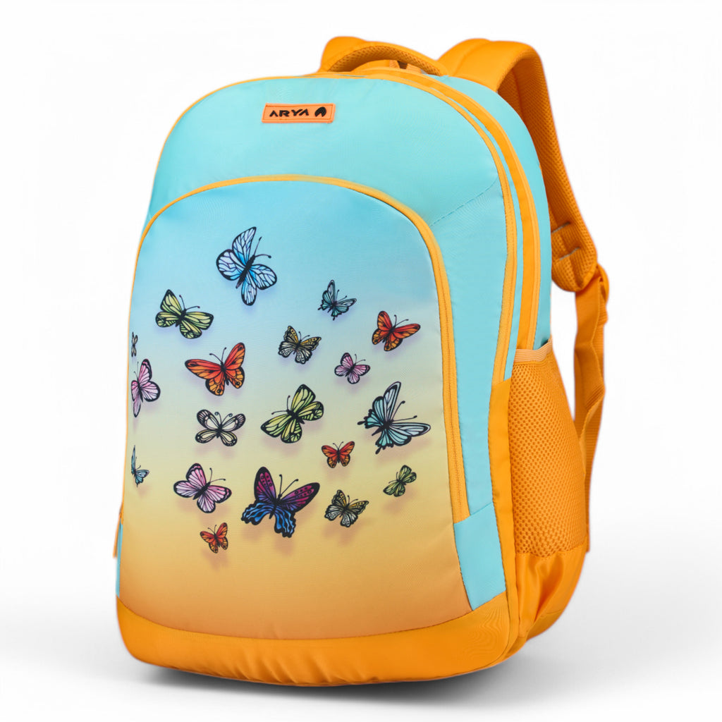 SCHOOL BAG BUTTER FLY 16" (21 LTR) ORANGE & SKY BLUE