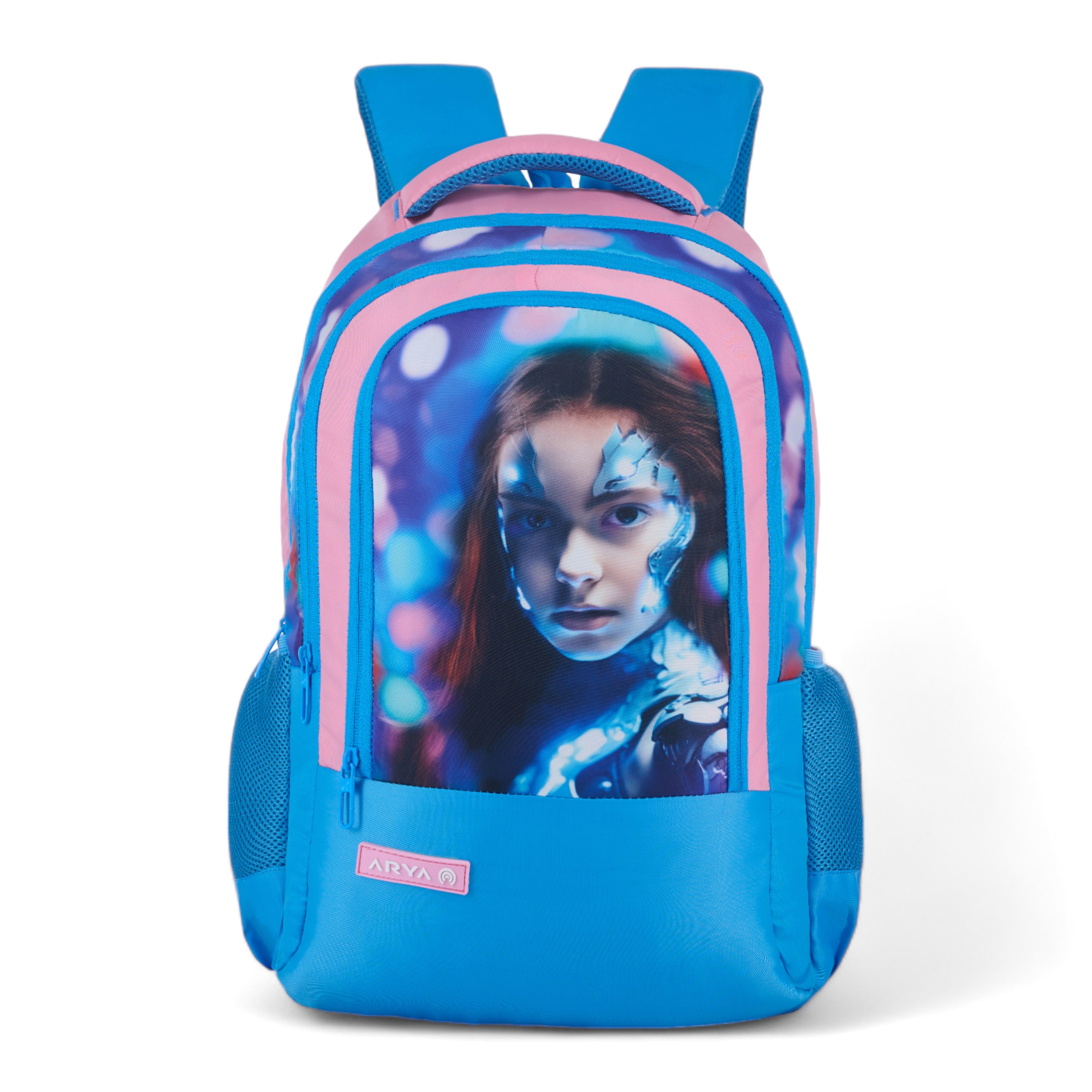 SCHOOL BAG SUPER GIRL-17"(22 LTR) TURQUOISE BLUE & PINK