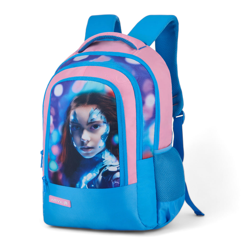 SCHOOL BAG SUPER GIRL-17"(22 LTR) TURQUOISE BLUE & PINK