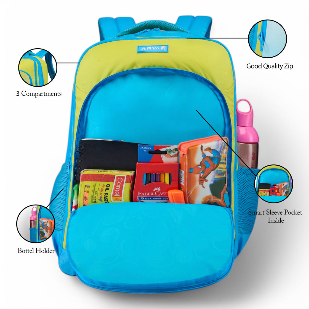 SCHOOL BAG BUTTER FLY 16" (21 LTR) TURQUOISE BLUE & PARROT GREEN