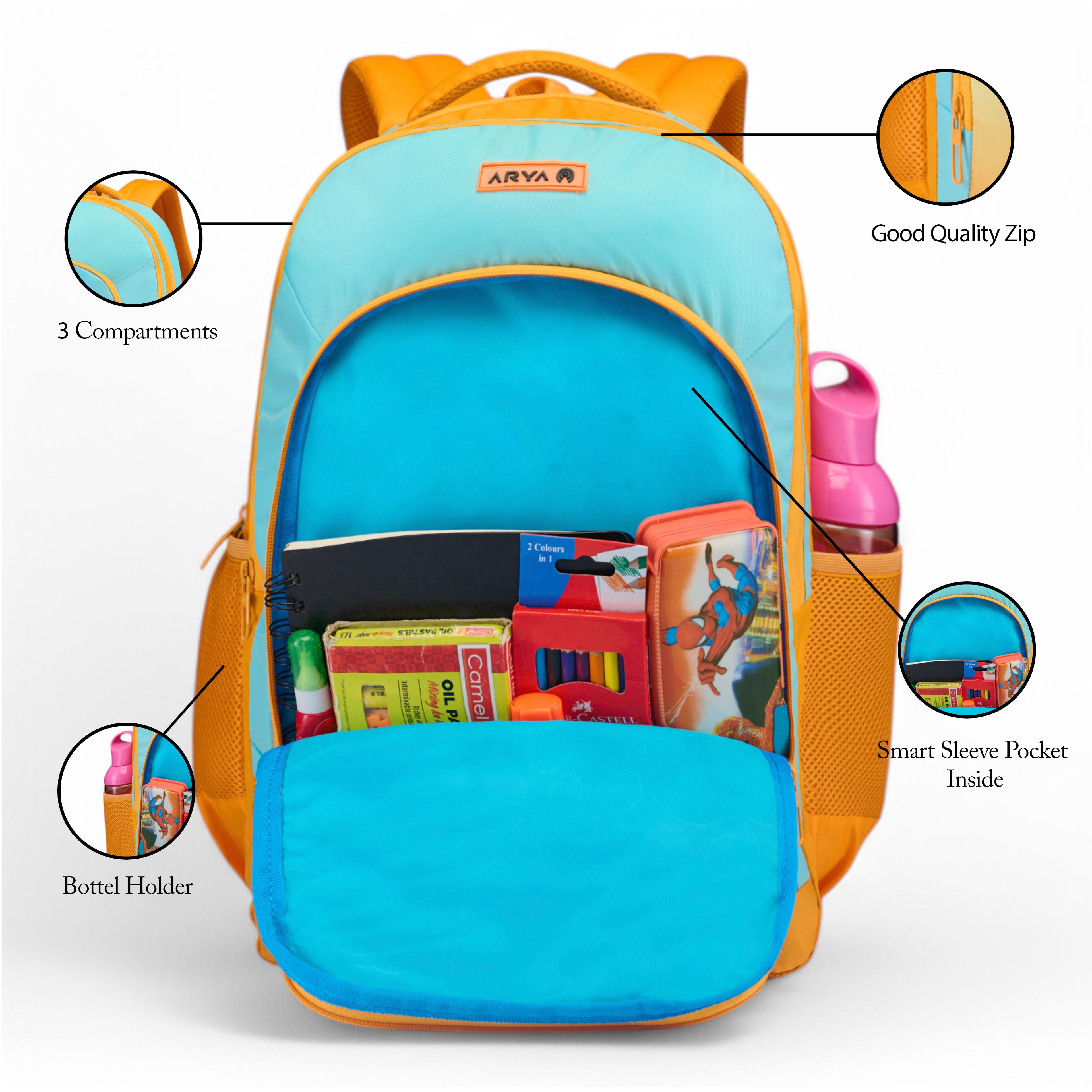 SCHOOL BAG BUTTER FLY 16" (21 LTR) ORANGE & SKY BLUE
