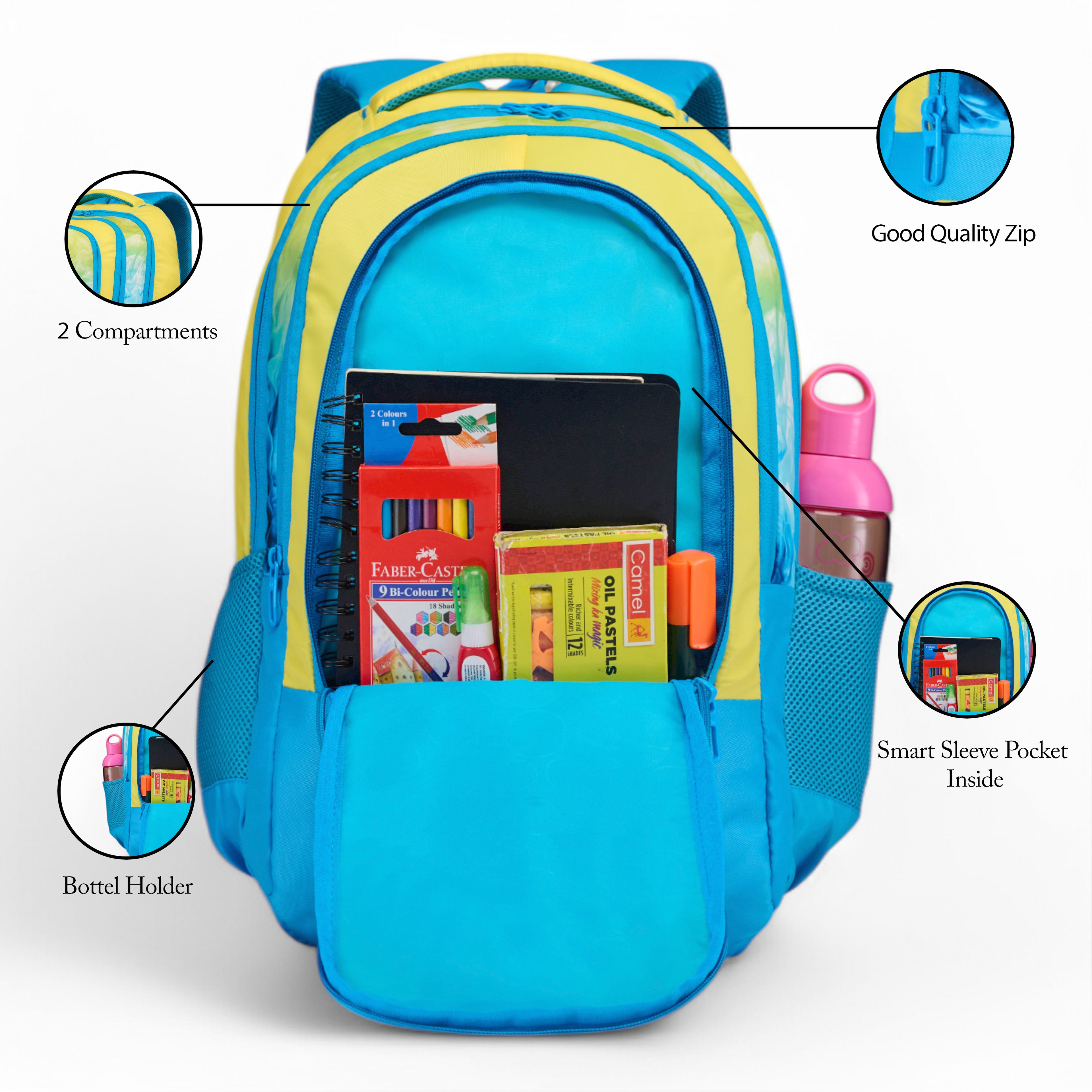 SCHOOL BAG SUPER KID-17"(22 LTR) TURQUOISE BLUE & YELLOW